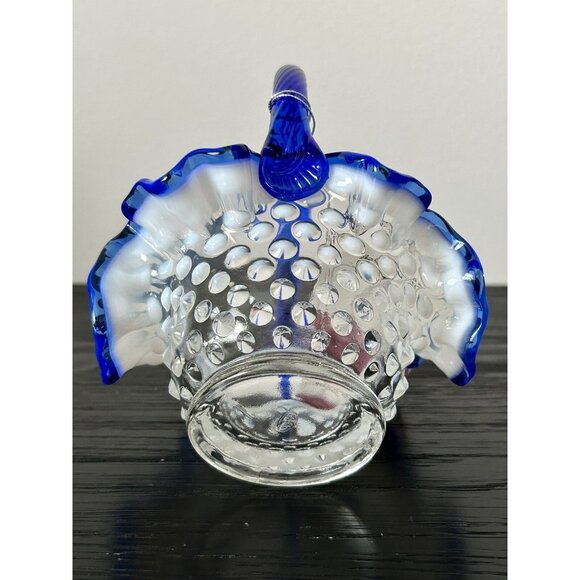 VTG Fenton Blue Opalescent Hobnail Glass Basket with Ruffled Edge New Old Stock - Picture 7 of 11